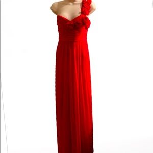 City Triangles red one shouldered chiffon gown w roses on chest and arm